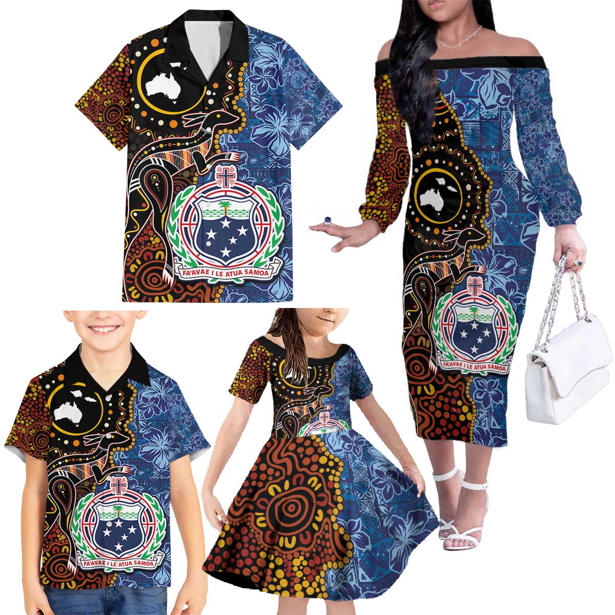 Samoa and Australia Together Family Matching Off The Shoulder Long Sleeve Dress and Hawaiian Shirt Kangaroo and Tribal Hibiscus Aboriginal Pattern