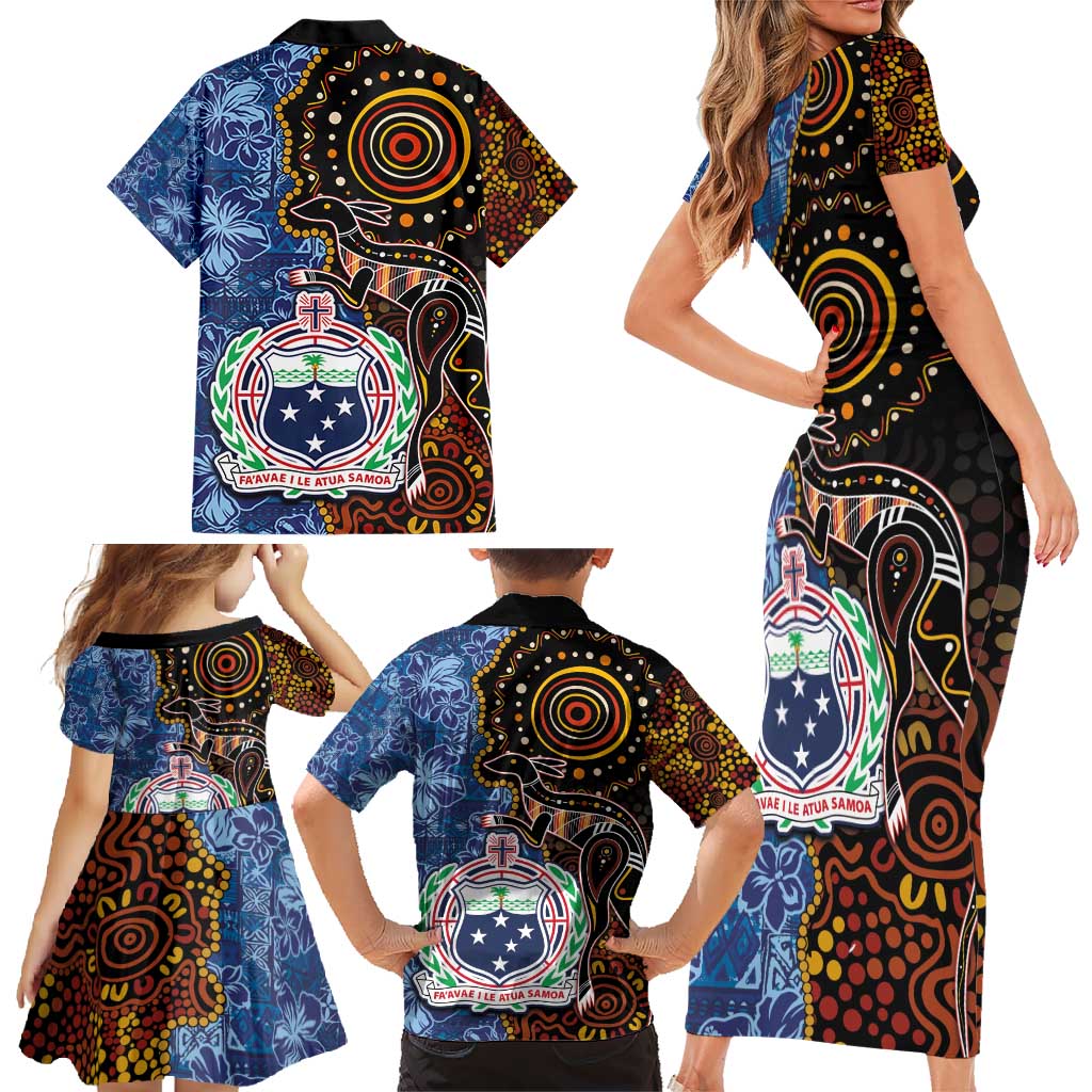 Samoa and Australia Together Family Matching Short Sleeve Bodycon Dress and Hawaiian Shirt Kangaroo and Tribal Hibiscus Aboriginal Pattern