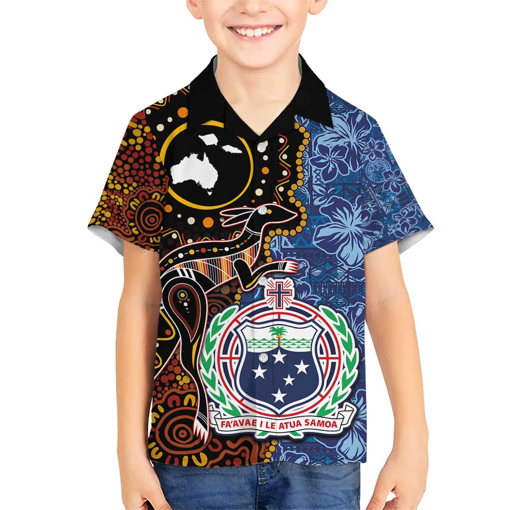 Samoa and Australia Together Kid Hawaiian Shirt Kangaroo and Tribal Hibiscus Aboriginal Pattern