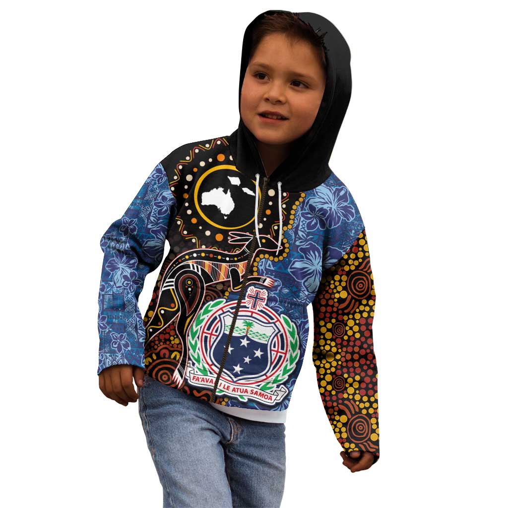 Samoa and Australia Together Kid Hoodie Kangaroo and Tribal Hibiscus Aboriginal Pattern