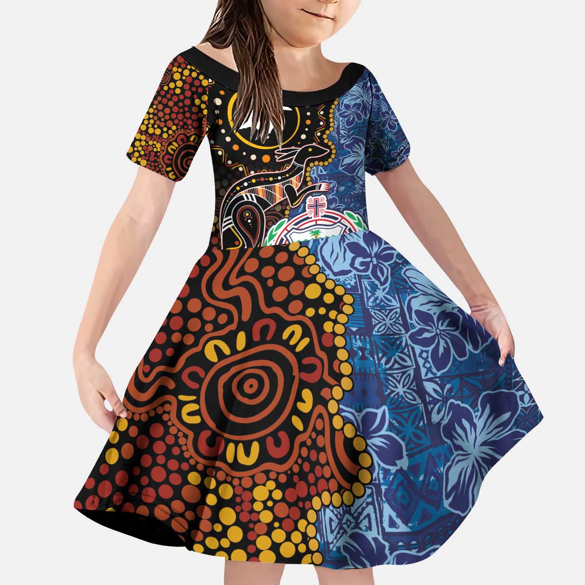 Samoa and Australia Together Kid Short Sleeve Dress Kangaroo and Tribal Hibiscus Aboriginal Pattern