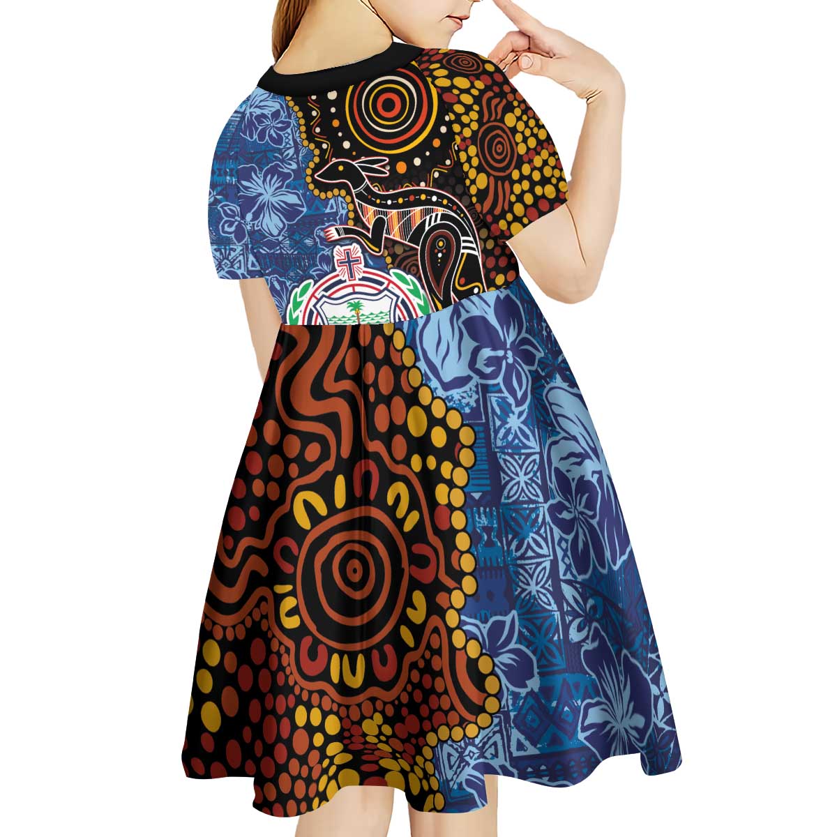 Samoa and Australia Together Kid Short Sleeve Dress Kangaroo and Tribal Hibiscus Aboriginal Pattern