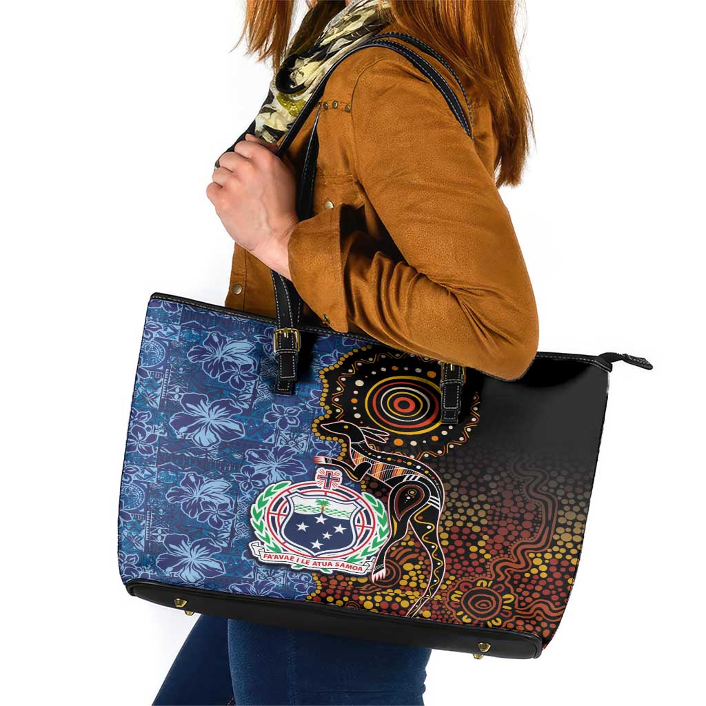 Samoa and Australia Together Leather Tote Bag Kangaroo and Tribal Hibiscus Aboriginal Pattern LT03 Blue - Polynesian Pride