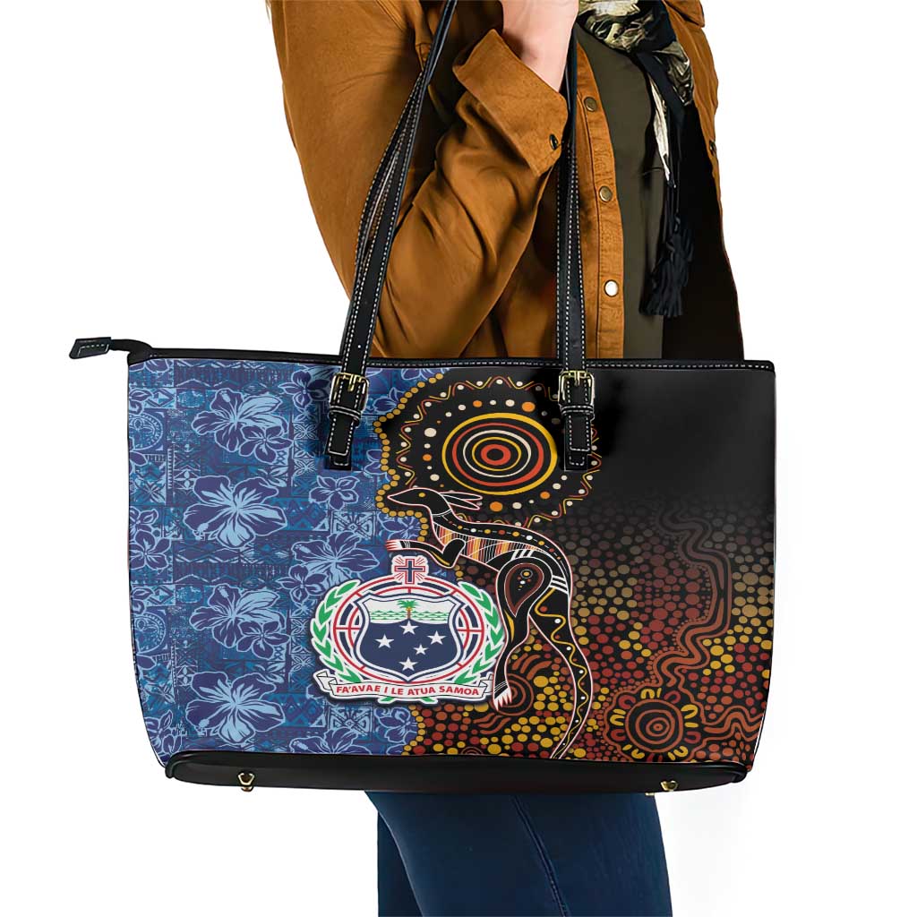 Samoa and Australia Together Leather Tote Bag Kangaroo and Tribal Hibiscus Aboriginal Pattern LT03 - Polynesian Pride