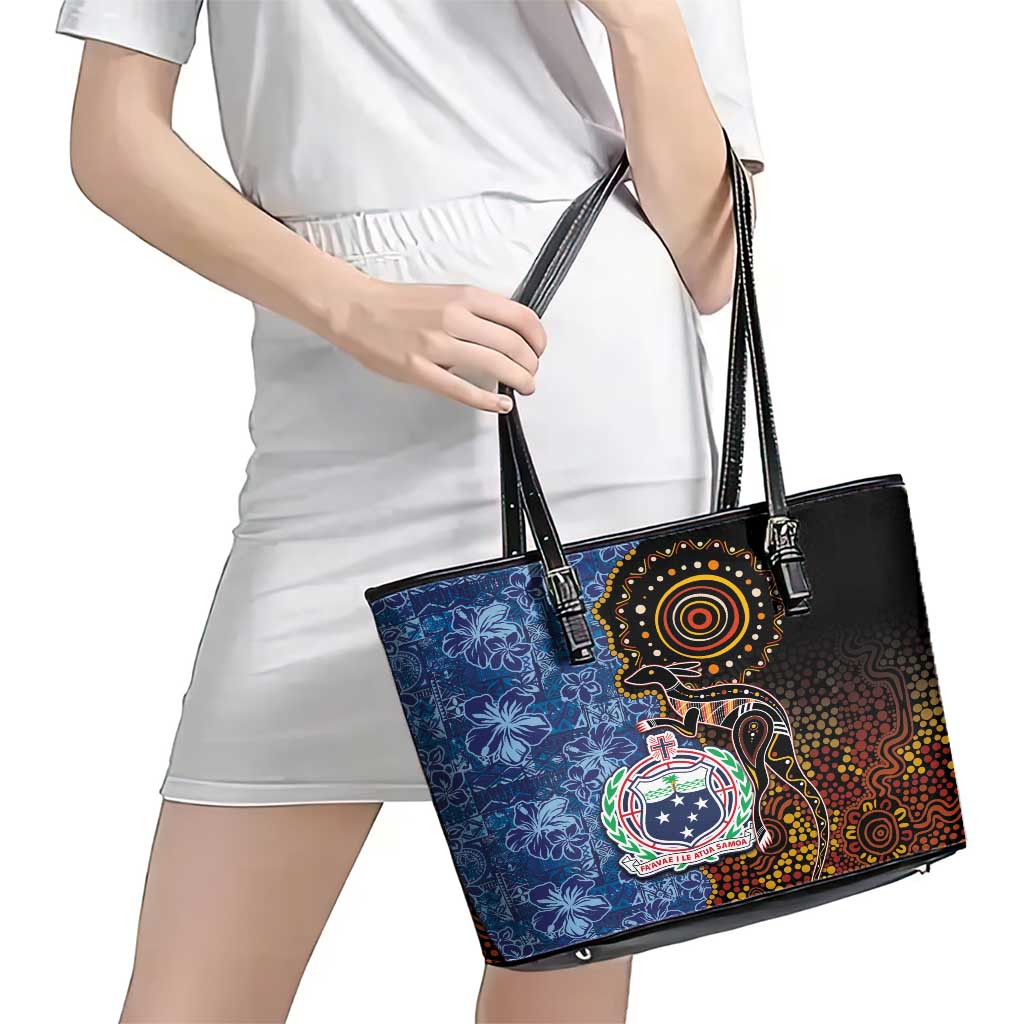 Samoa and Australia Together Leather Tote Bag Kangaroo and Tribal Hibiscus Aboriginal Pattern LT03 - Polynesian Pride