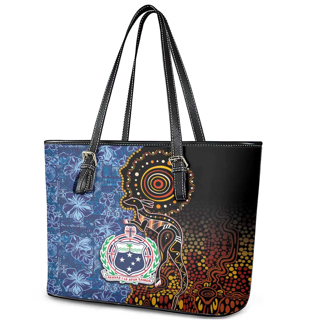 Samoa and Australia Together Leather Tote Bag Kangaroo and Tribal Hibiscus Aboriginal Pattern LT03 - Polynesian Pride