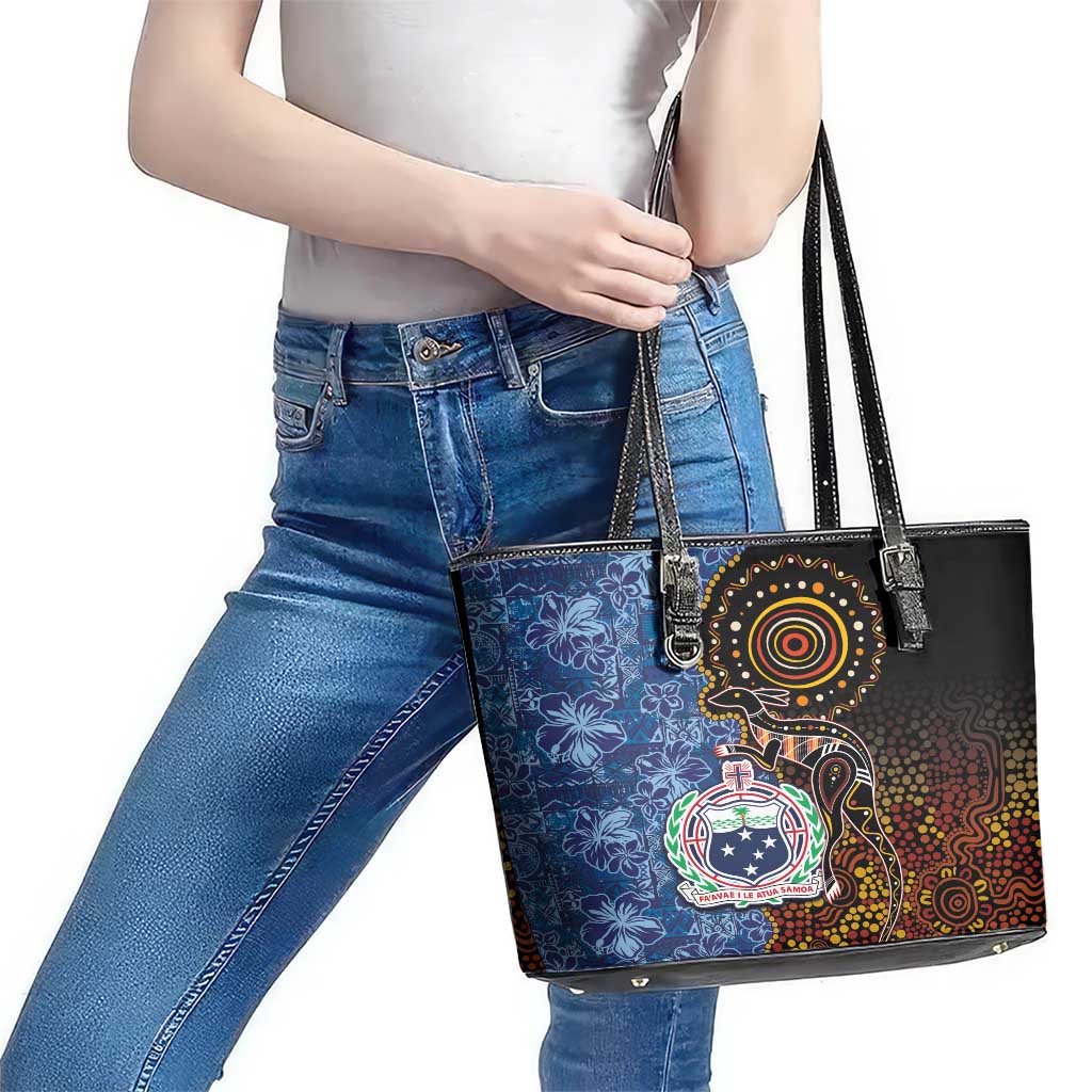 Samoa and Australia Together Leather Tote Bag Kangaroo and Tribal Hibiscus Aboriginal Pattern LT03 - Polynesian Pride