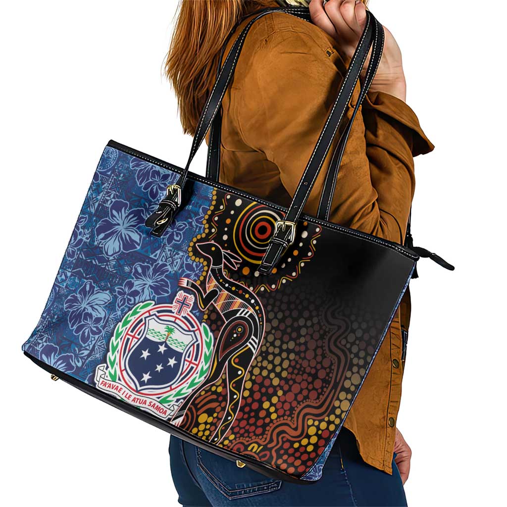 Samoa and Australia Together Leather Tote Bag Kangaroo and Tribal Hibiscus Aboriginal Pattern LT03 - Polynesian Pride