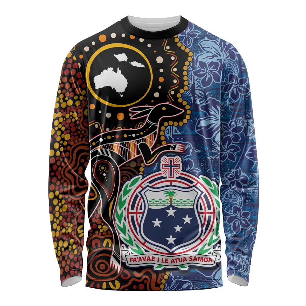 Samoa and Australia Together Long Sleeve Shirt Kangaroo and Tribal Hibiscus Aboriginal Pattern