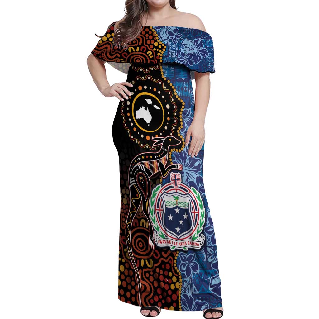 Samoa and Australia Together Off Shoulder Maxi Dress Kangaroo and Tribal Hibiscus Aboriginal Pattern