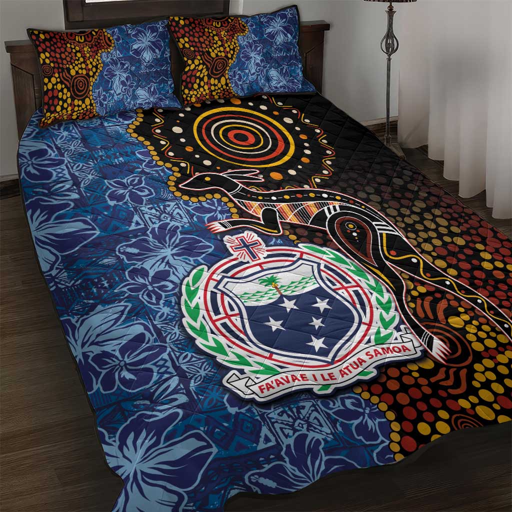 Samoa and Australia Together Quilt Bed Set Kangaroo and Tribal Hibiscus Aboriginal Pattern