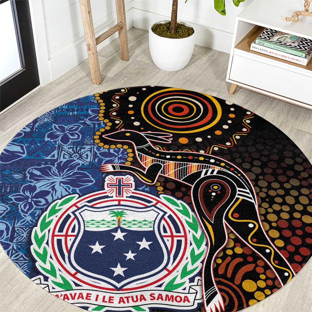 Samoa and Australia Together Round Carpet Kangaroo and Tribal Hibiscus Aboriginal Pattern