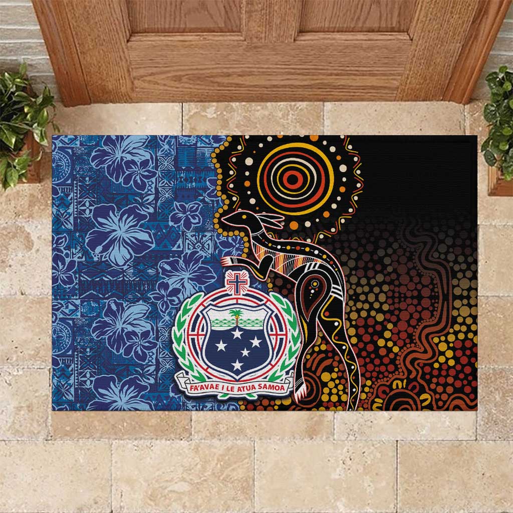 Samoa and Australia Together Rubber Doormat Kangaroo and Tribal Hibiscus Aboriginal Pattern LT03 Blue - Polynesian Pride