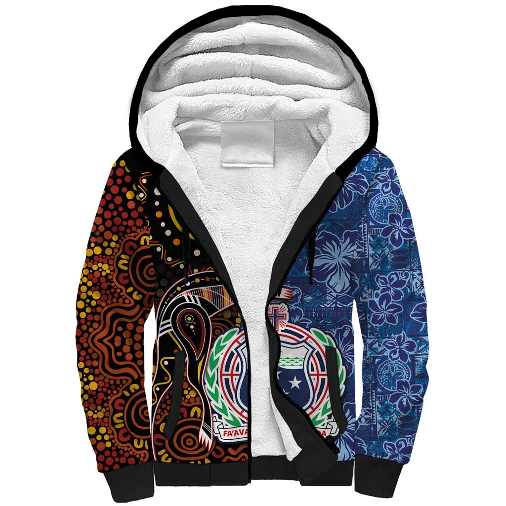 Samoa and Australia Together Sherpa Hoodie Kangaroo and Tribal Hibiscus Aboriginal Pattern