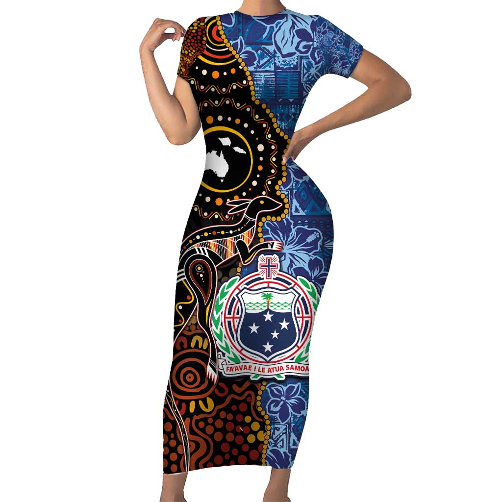 Samoa and Australia Together Short Sleeve Bodycon Dress Kangaroo and Tribal Hibiscus Aboriginal Pattern