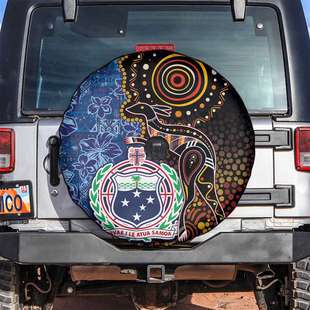 Samoa and Australia Together Spare Tire Cover Kangaroo and Tribal Hibiscus Aboriginal Pattern LT03 Blue - Polynesian Pride