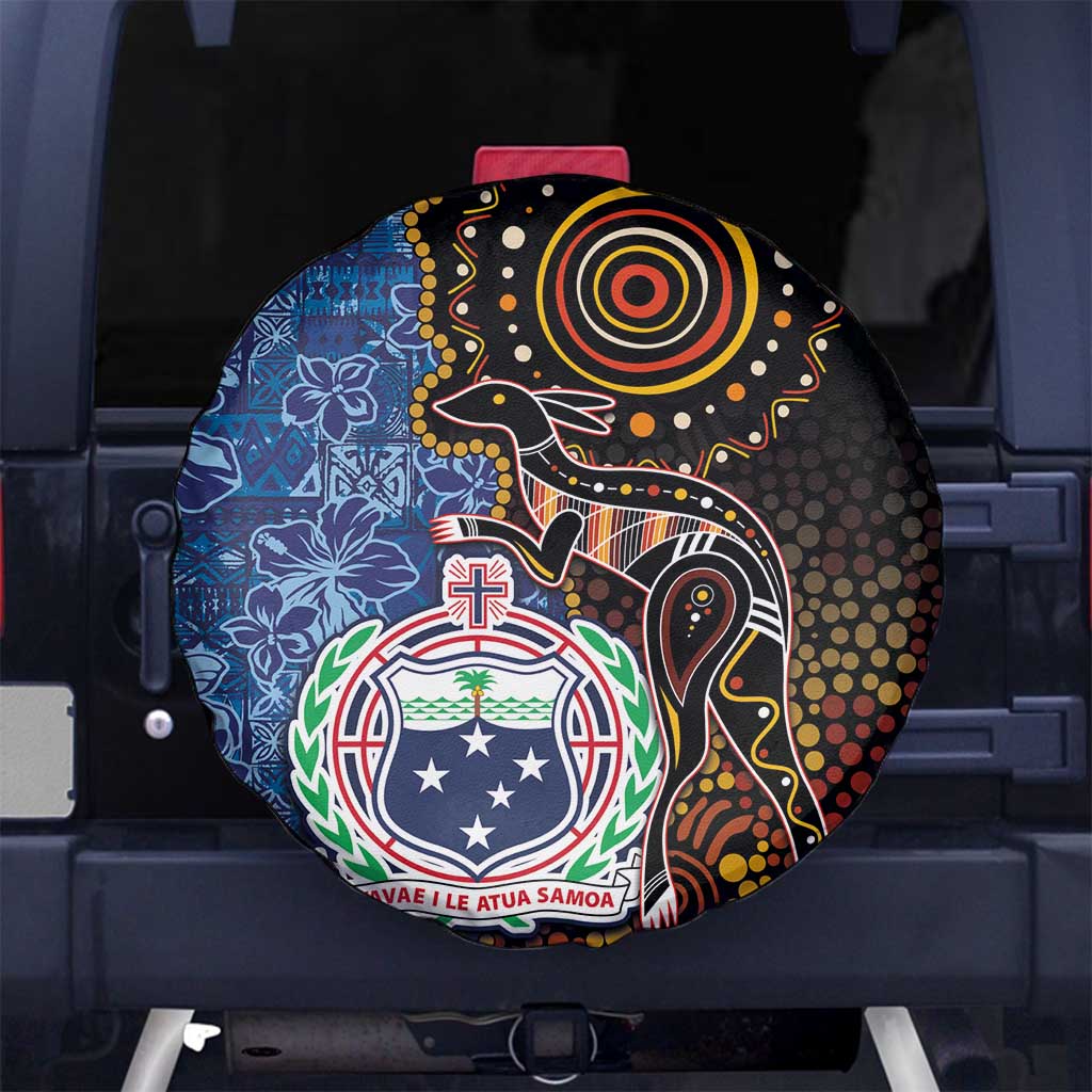 Samoa and Australia Together Spare Tire Cover Kangaroo and Tribal Hibiscus Aboriginal Pattern LT03 - Polynesian Pride
