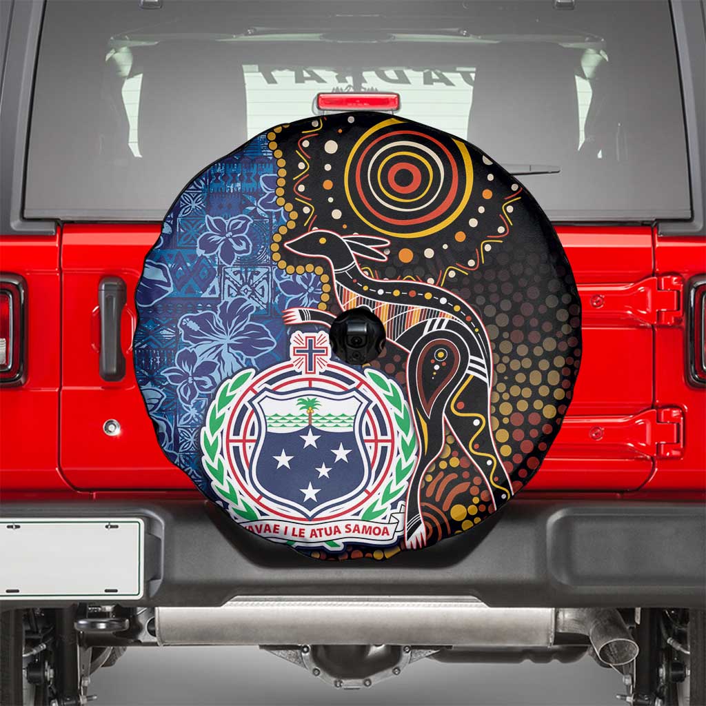 Samoa and Australia Together Spare Tire Cover Kangaroo and Tribal Hibiscus Aboriginal Pattern LT03 - Polynesian Pride