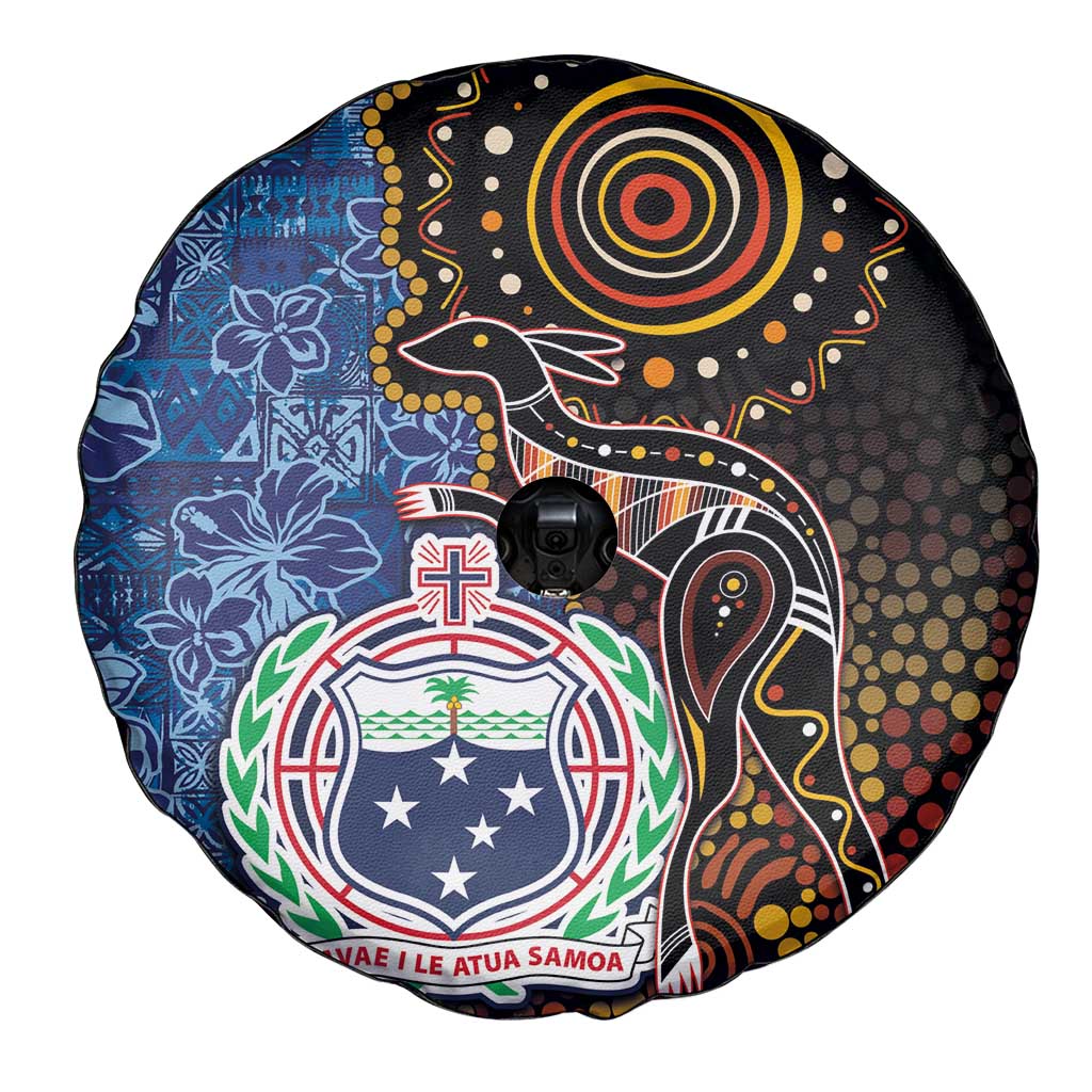 Samoa and Australia Together Spare Tire Cover Kangaroo and Tribal Hibiscus Aboriginal Pattern LT03 - Polynesian Pride