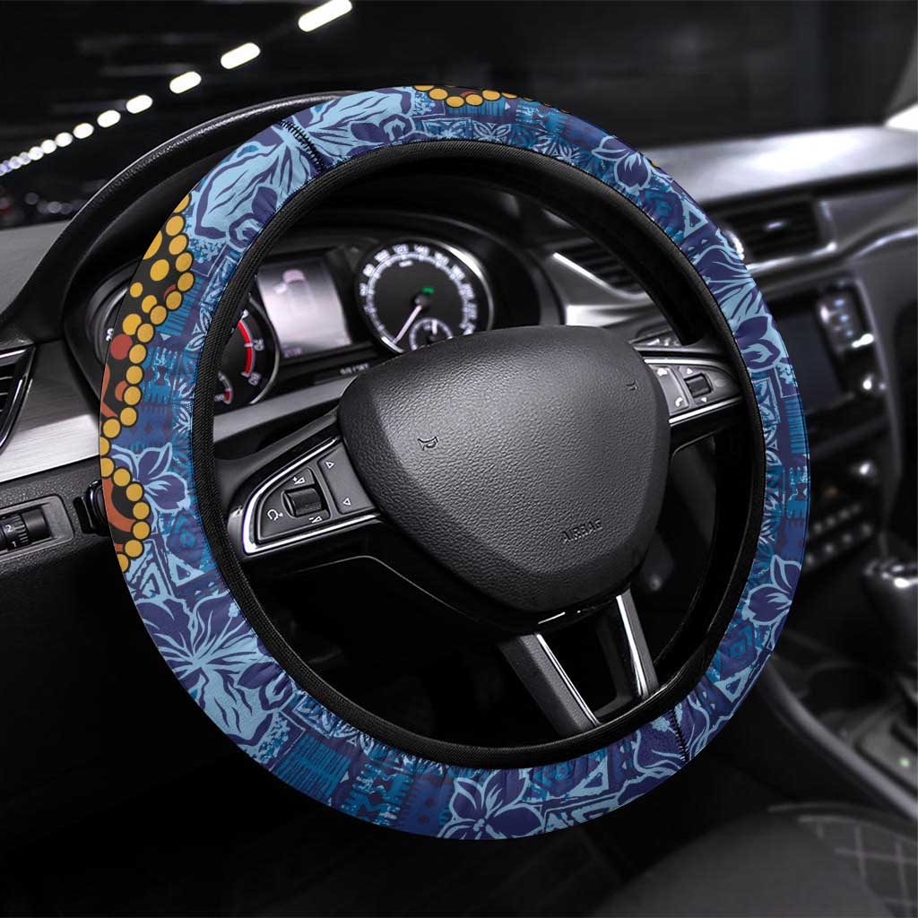 Samoa and Australia Together Steering Wheel Cover Kangaroo and Tribal Hibiscus Aboriginal Pattern