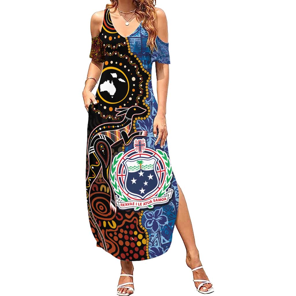 Samoa and Australia Together Summer Maxi Dress Kangaroo and Tribal Hibiscus Aboriginal Pattern