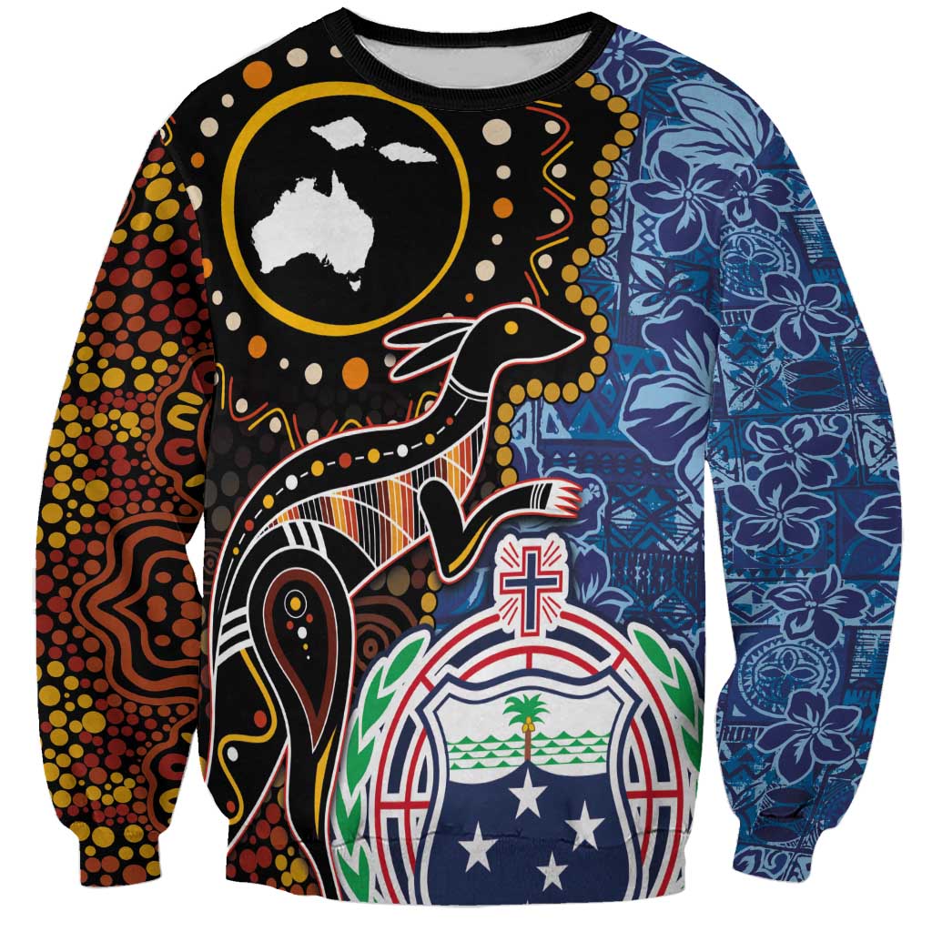 Samoa and Australia Together Sweatshirt Kangaroo and Tribal Hibiscus Aboriginal Pattern