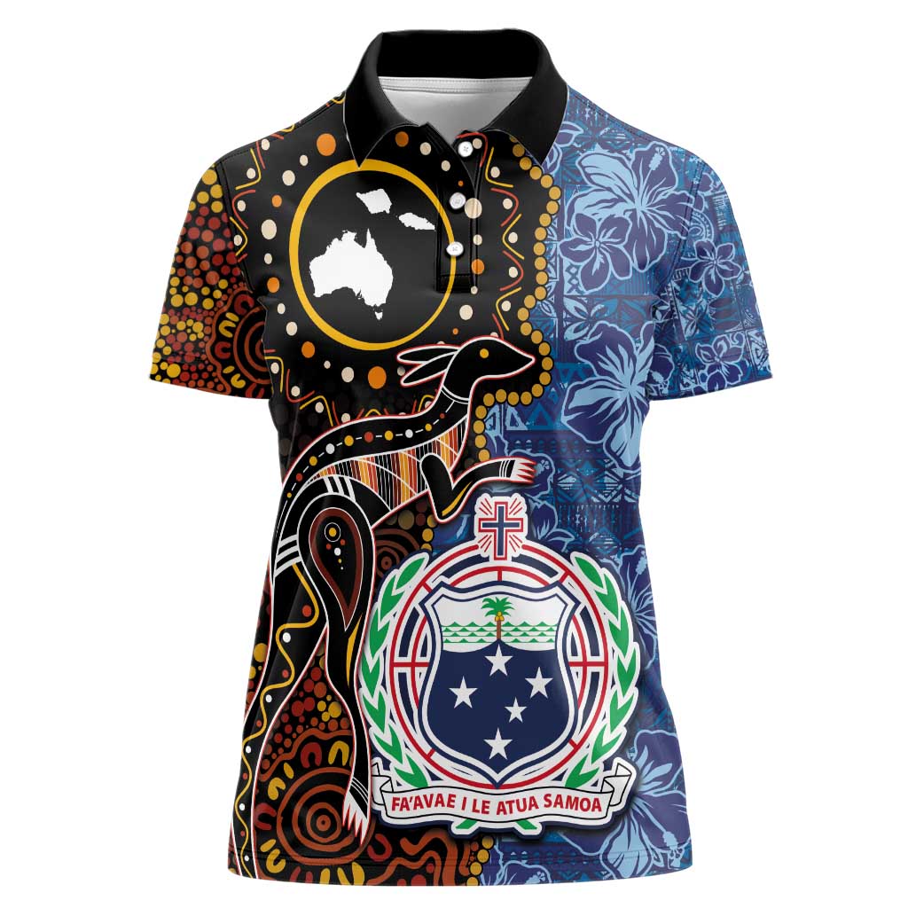 Samoa and Australia Together Women Polo Shirt Kangaroo and Tribal Hibiscus Aboriginal Pattern