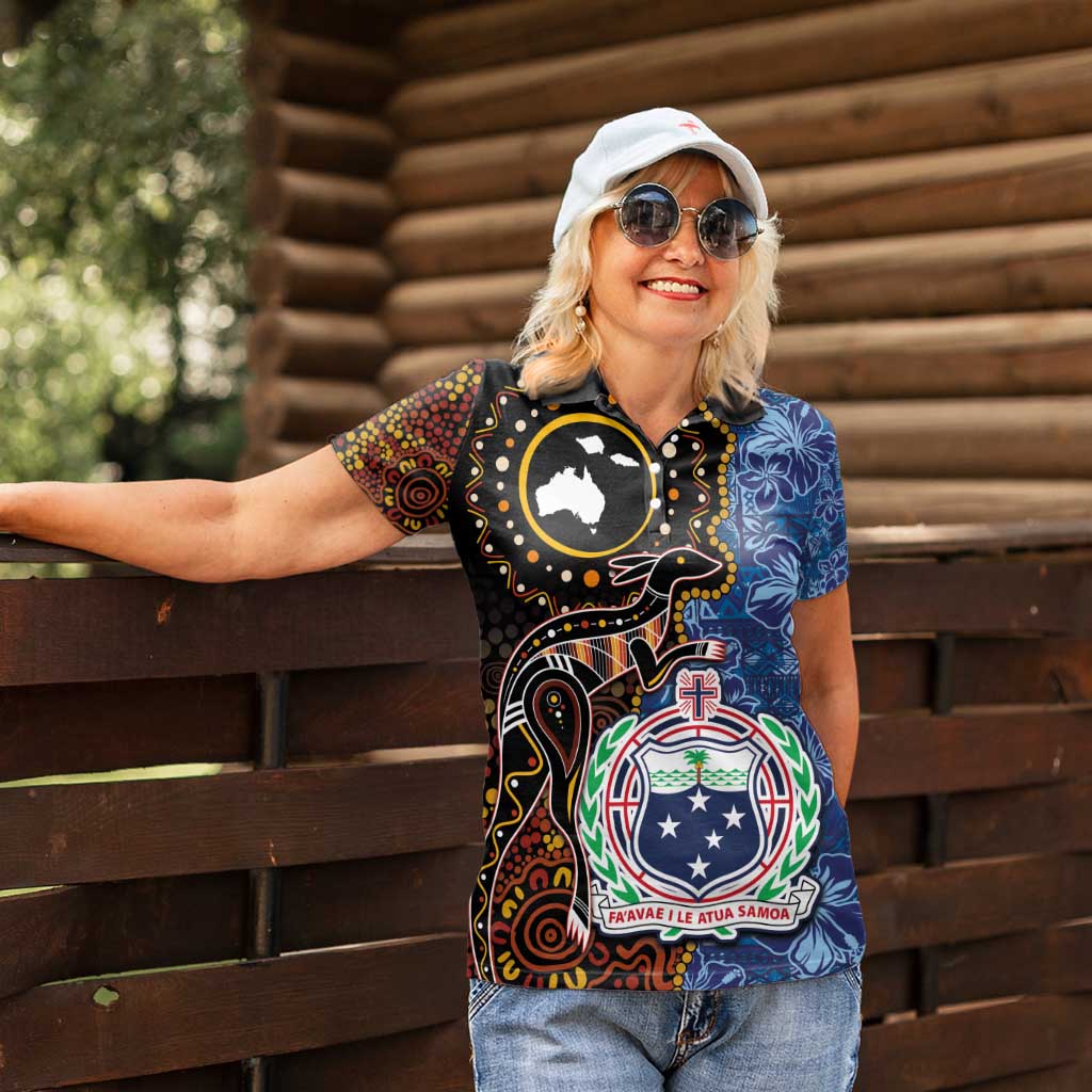 Samoa and Australia Together Women Polo Shirt Kangaroo and Tribal Hibiscus Aboriginal Pattern