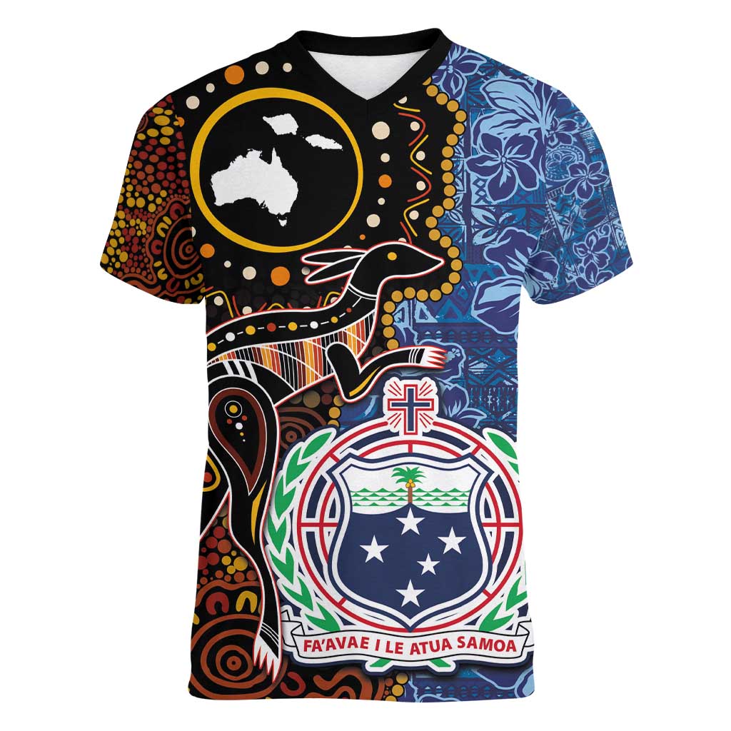 Samoa and Australia Together Women V-Neck T-Shirt Kangaroo and Tribal Hibiscus Aboriginal Pattern