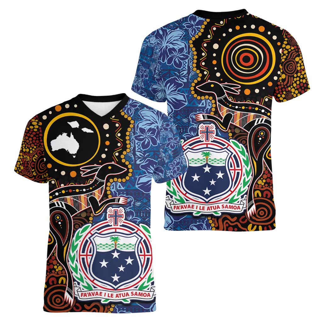 Samoa and Australia Together Women V-Neck T-Shirt Kangaroo and Tribal Hibiscus Aboriginal Pattern
