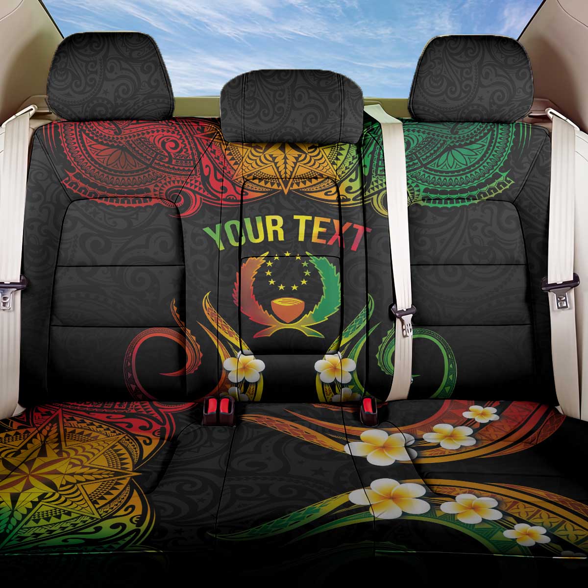 Personalised Pohnpei Independence Day Back Car Seat Cover Polynesian Tattoo and Plumeria Reggae Color