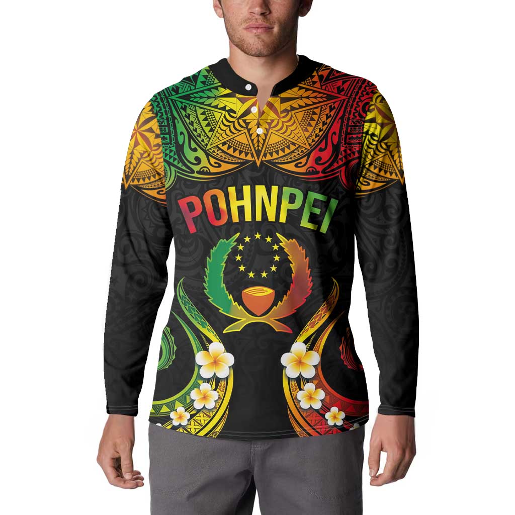 Personalised Pohnpei Independence Day Button Sweatshirt Polynesian Tattoo and Plumeria Reggae Color LT03 - Polynesian Pride