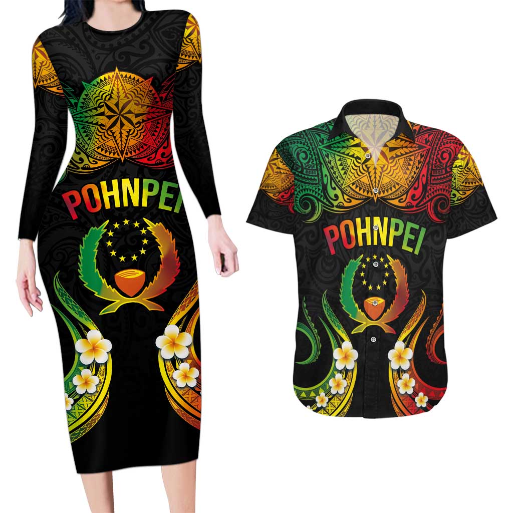 Personalised Pohnpei Independence Day Couples Matching Long Sleeve Bodycon Dress and Hawaiian Shirt Polynesian Tattoo and Plumeria Reggae Color