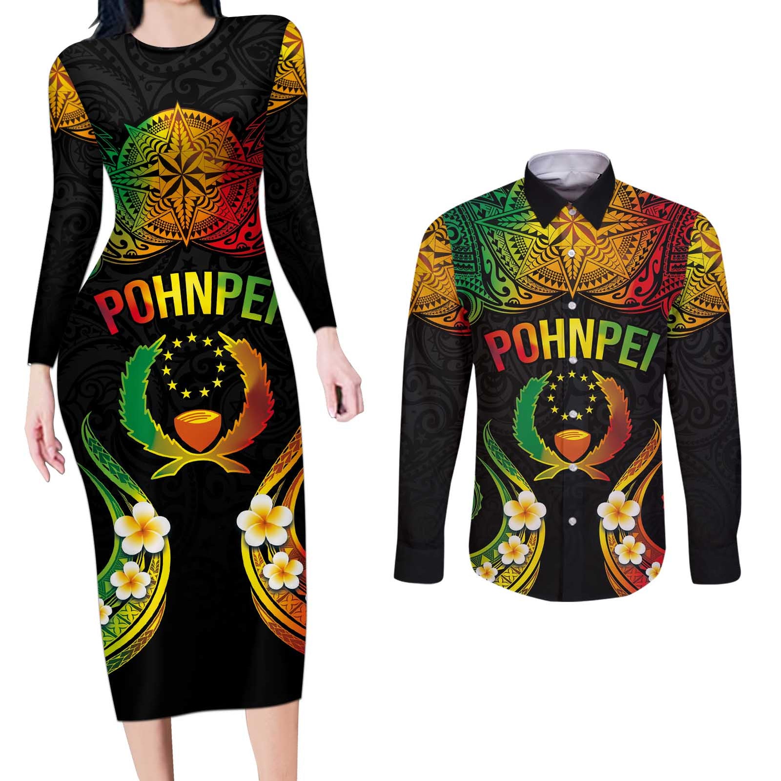 Personalised Pohnpei Independence Day Couples Matching Long Sleeve Bodycon Dress and Long Sleeve Button Shirt Polynesian Tattoo and Plumeria Reggae Color LT03 Reggae - Polynesian Pride