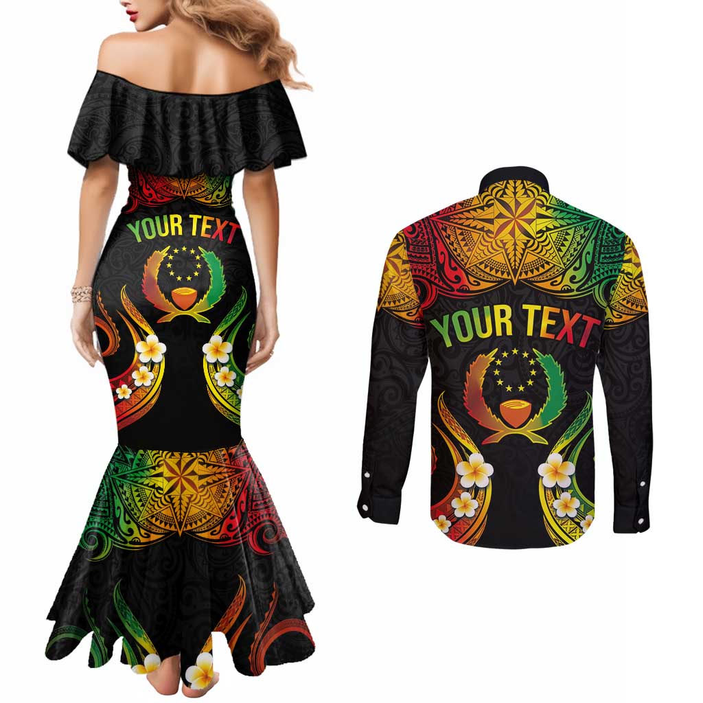 Personalised Pohnpei Independence Day Couples Matching Mermaid Dress and Long Sleeve Button Shirt Polynesian Tattoo and Plumeria Reggae Color LT03 - Polynesian Pride