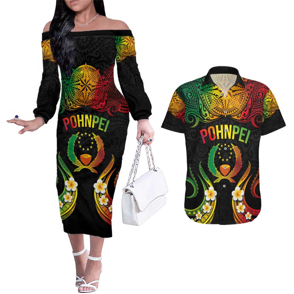 Personalised Pohnpei Independence Day Couples Matching Off The Shoulder Long Sleeve Dress and Hawaiian Shirt Polynesian Tattoo and Plumeria Reggae Color LT03 Reggae - Polynesian Pride