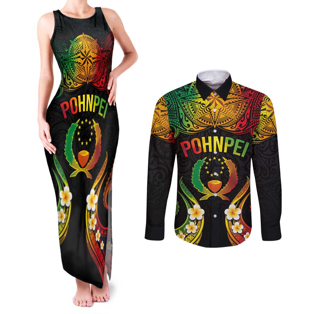 Personalised Pohnpei Independence Day Couples Matching Tank Maxi Dress and Long Sleeve Button Shirt Polynesian Tattoo and Plumeria Reggae Color LT03 Reggae - Polynesian Pride