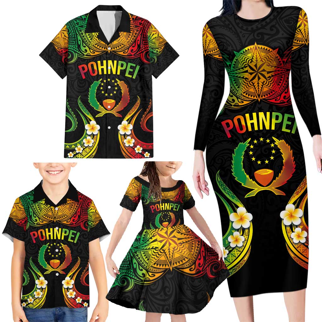 Personalised Pohnpei Independence Day Family Matching Long Sleeve Bodycon Dress and Hawaiian Shirt Polynesian Tattoo and Plumeria Reggae Color LT03 - Polynesian Pride