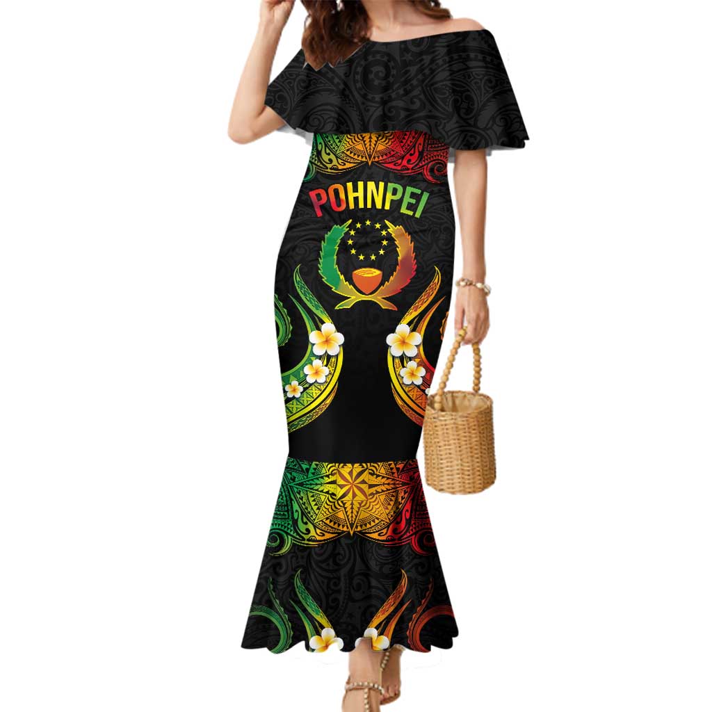 Personalised Pohnpei Independence Day Family Matching Mermaid Dress and Hawaiian Shirt Polynesian Tattoo and Plumeria Reggae Color