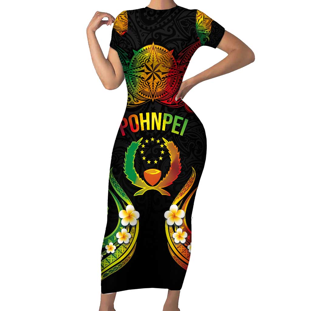 Personalised Pohnpei Independence Day Family Matching Short Sleeve Bodycon Dress and Hawaiian Shirt Polynesian Tattoo and Plumeria Reggae Color