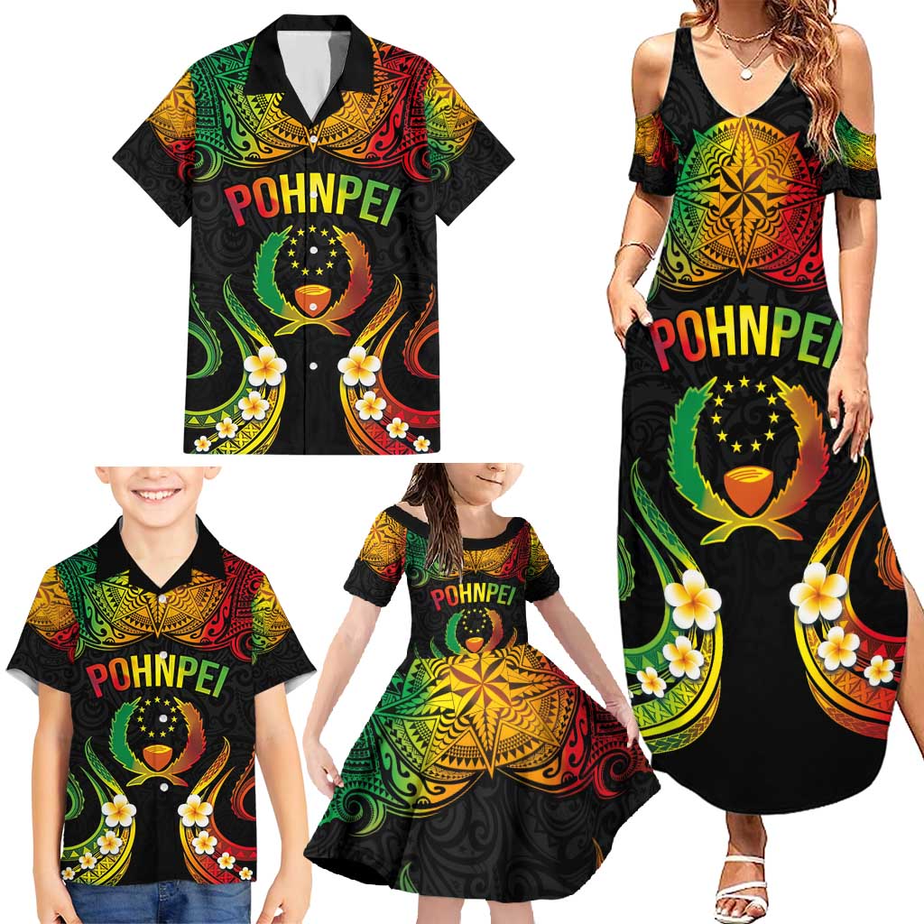 Personalised Pohnpei Independence Day Family Matching Summer Maxi Dress and Hawaiian Shirt Polynesian Tattoo and Plumeria Reggae Color