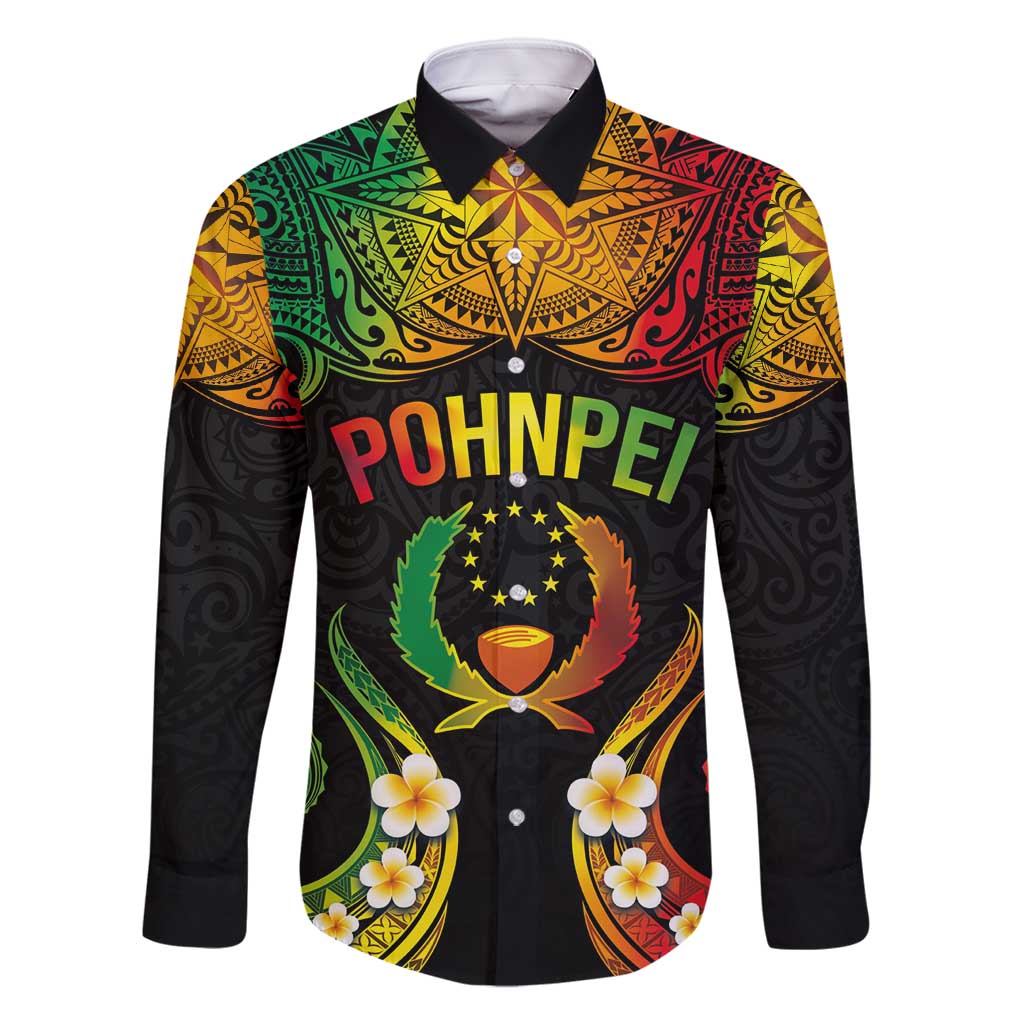 Personalised Pohnpei Independence Day Family Matching Tank Maxi Dress and Hawaiian Shirt Polynesian Tattoo and Plumeria Reggae Color LT03 Dad's Shirt - Long Sleeve Reggae - Polynesian Pride