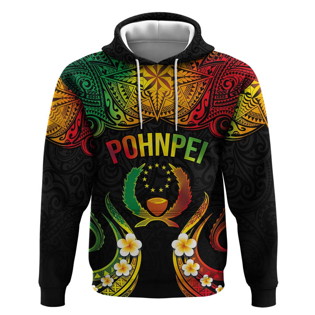 Personalised Pohnpei Independence Day Hoodie Polynesian Tattoo and Plumeria Reggae Color