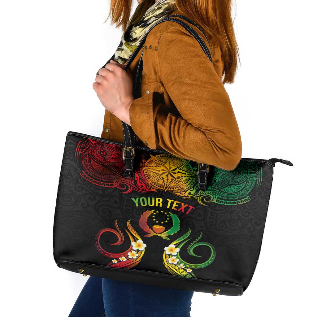 Personalised Pohnpei Independence Day Leather Tote Bag Polynesian Tattoo and Plumeria Reggae Color