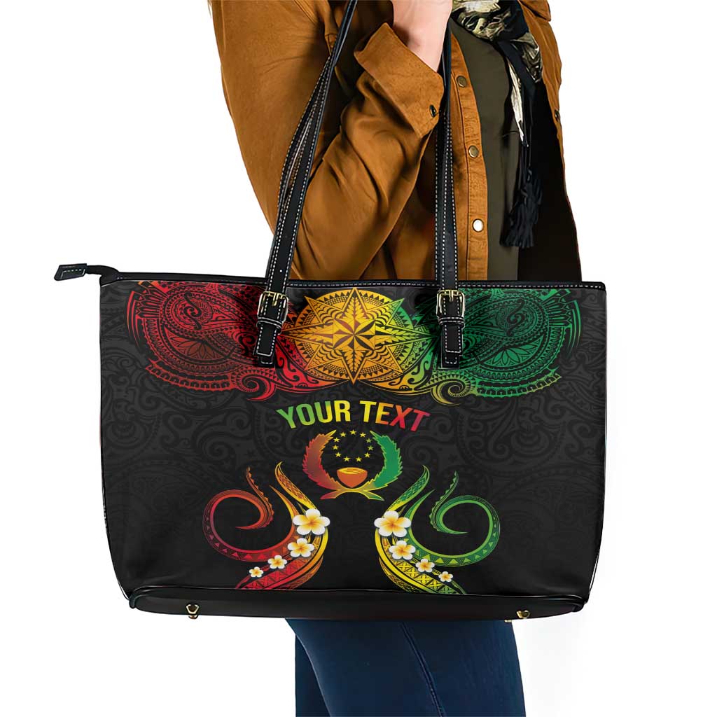 Personalised Pohnpei Independence Day Leather Tote Bag Polynesian Tattoo and Plumeria Reggae Color LT03 - Polynesian Pride