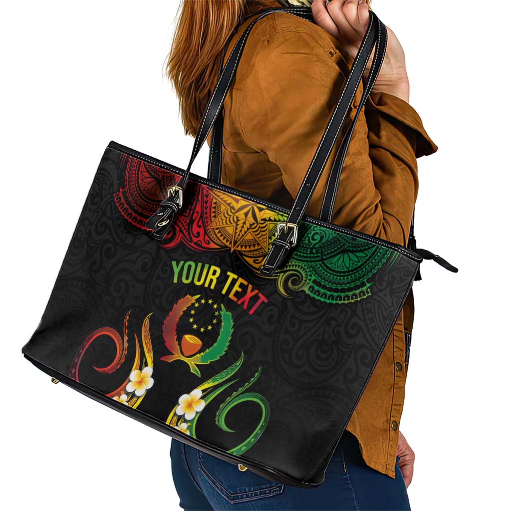 Personalised Pohnpei Independence Day Leather Tote Bag Polynesian Tattoo and Plumeria Reggae Color LT03 - Polynesian Pride