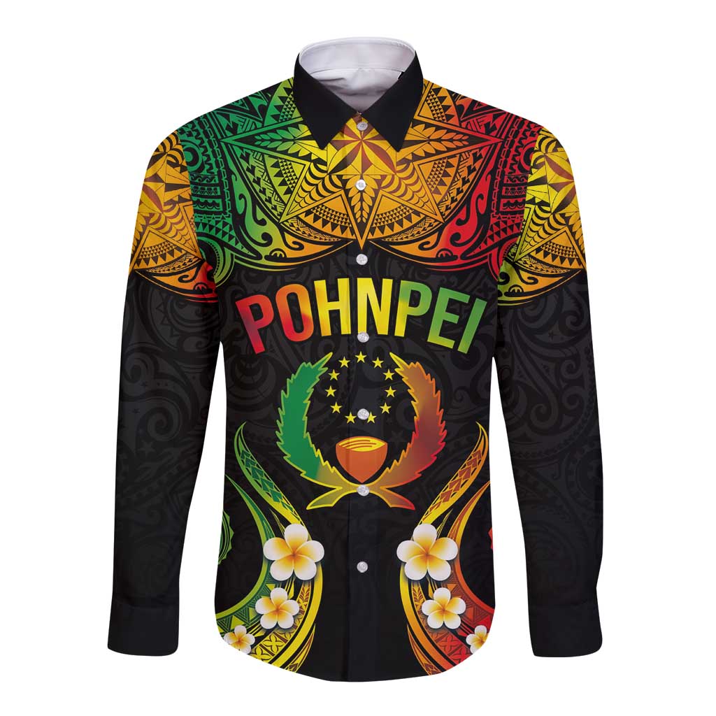 Personalised Pohnpei Independence Day Long Sleeve Button Shirt Polynesian Tattoo and Plumeria Reggae Color