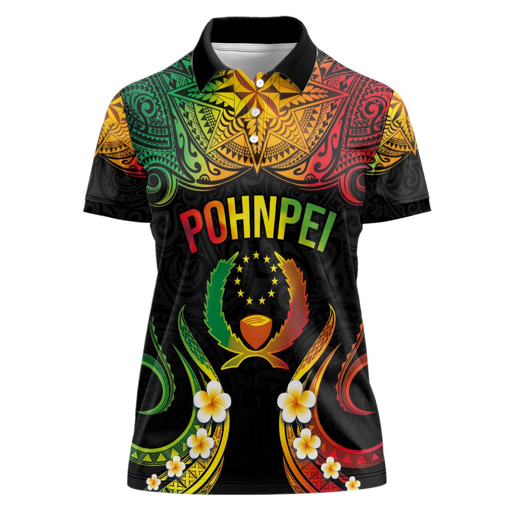 Personalised Pohnpei Independence Day Women Polo Shirt Polynesian Tattoo and Plumeria Reggae Color