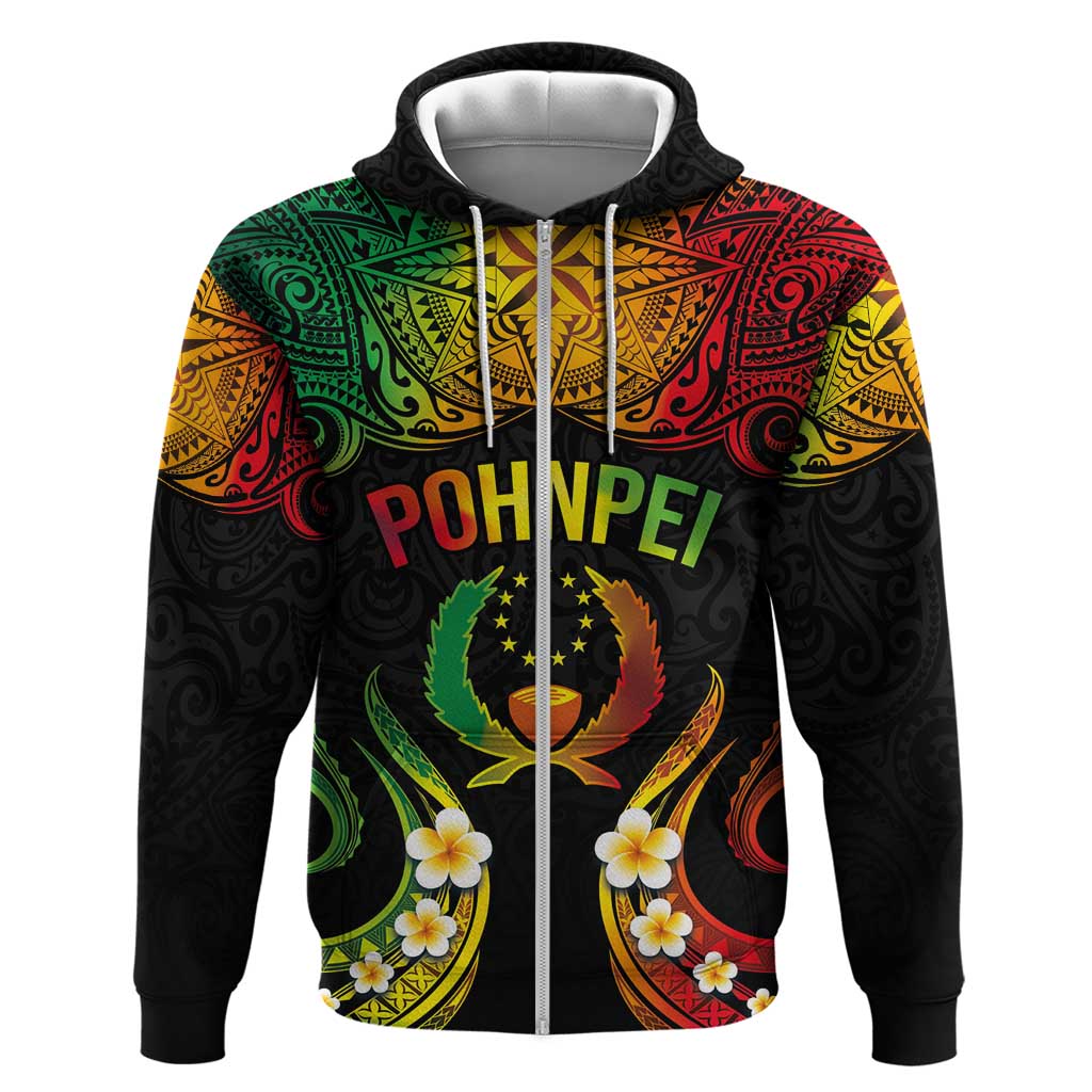 Personalised Pohnpei Independence Day Zip Hoodie Polynesian Tattoo and Plumeria Reggae Color