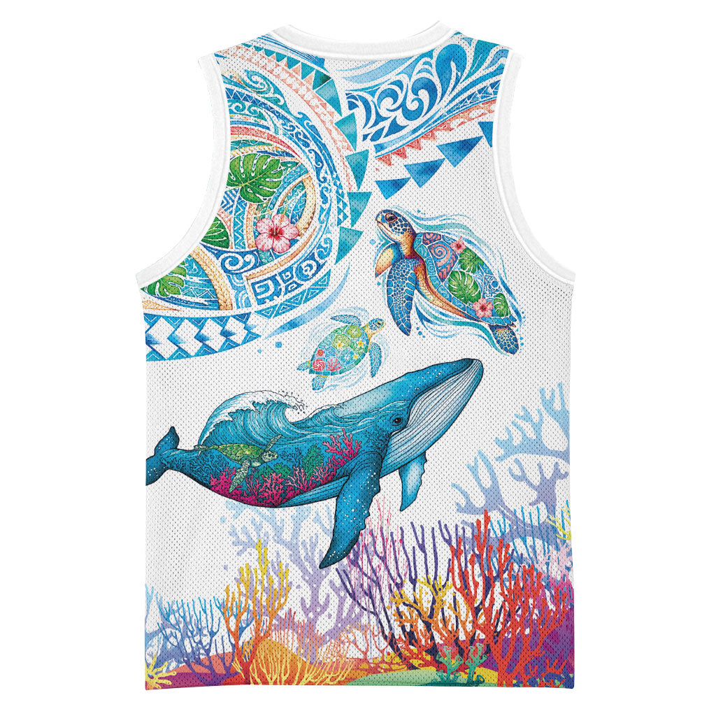Hawaiian Turtles and Whales Basketball Jersey Polynesian Tropical Tattoo Ocean Style LT03 - Polynesian Pride